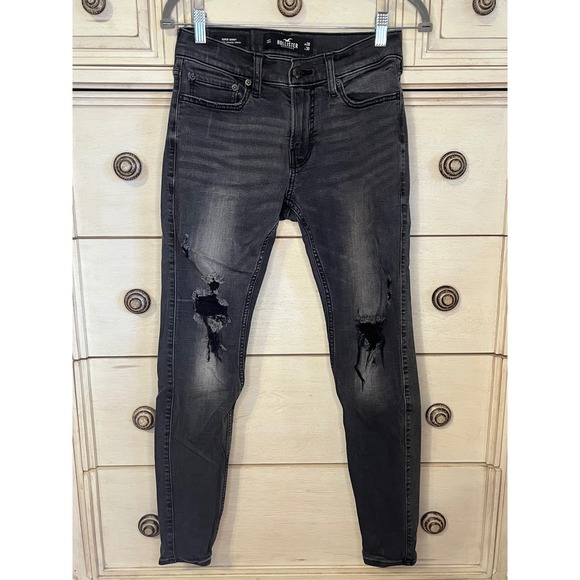 Hollister Super Skinny Jeans Mens 28x30 Faded Black Distressed Advanced Stretch - Picture 2 of 4
